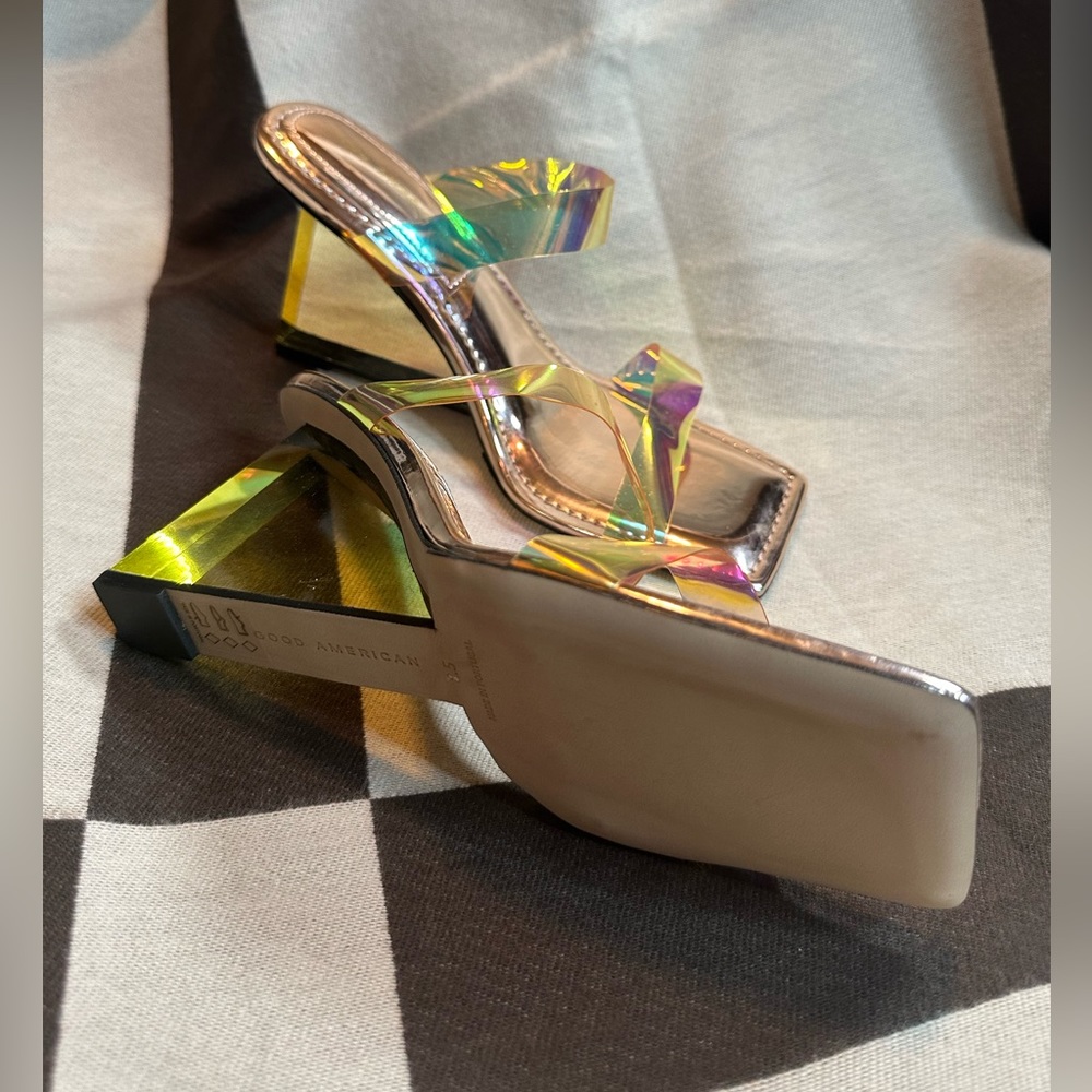 GOOD AMERICAN WOMEN’S Cinder-F*cking-rella Metallic Rainbow Wedge Sandals - Picture 7 of 8